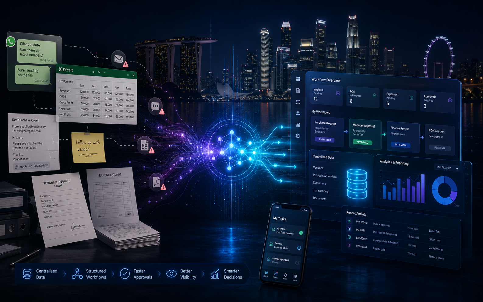 Singapore skyline with Excel and WhatsApp fragments consolidating into structured workflows