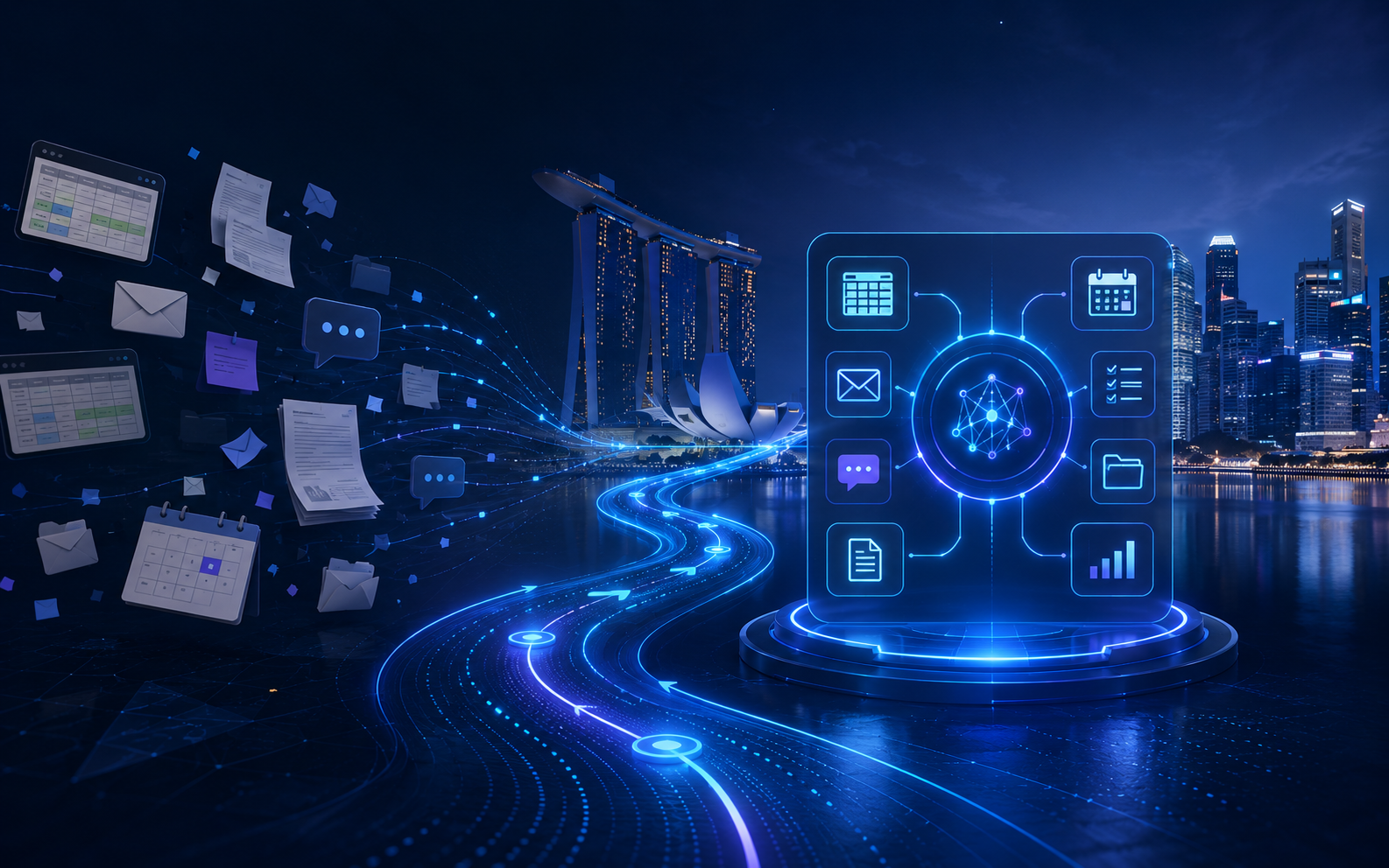 Singapore Marina Bay skyline with an AI hub connected to business process icons
