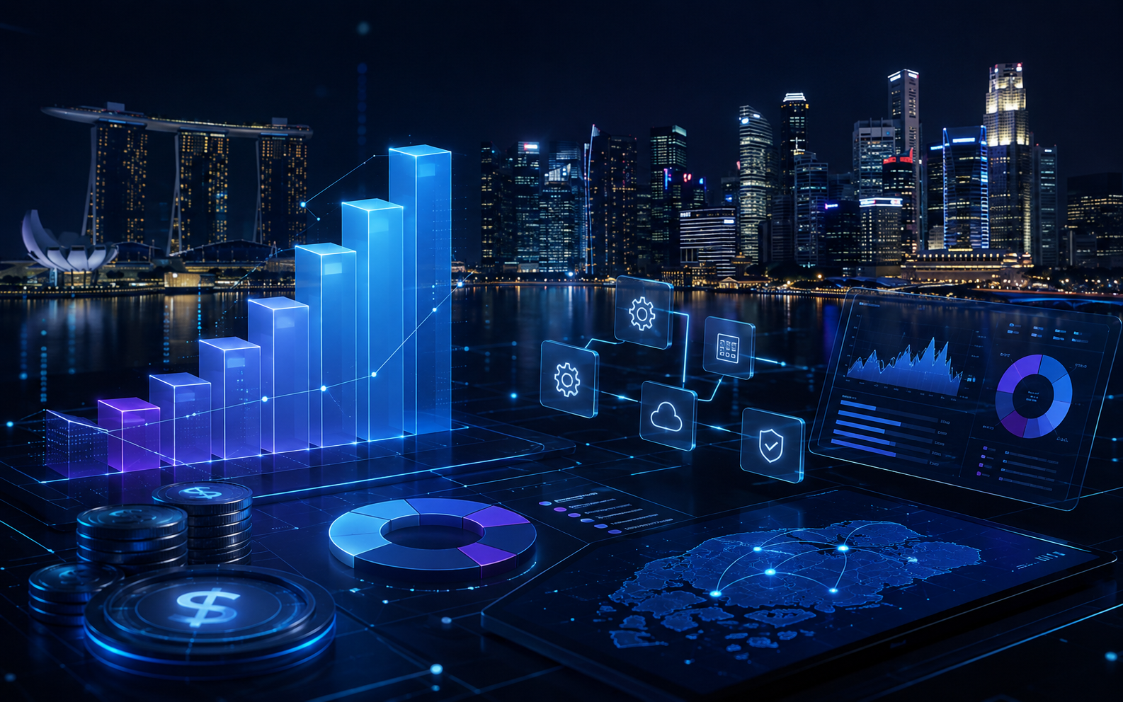 Singapore skyline at night with digital charts and automation data overlays